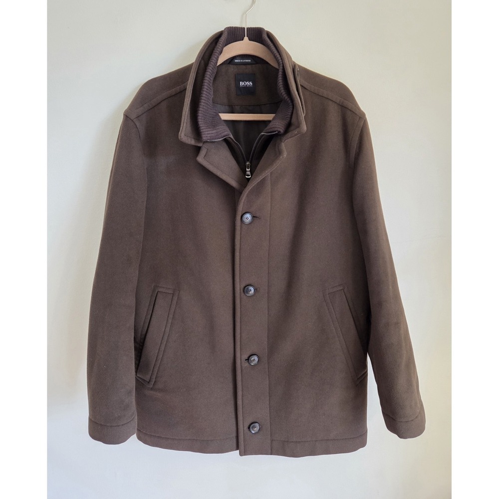 Hugo Boss Brown Wool Cashmere Blend Peacoat Overcoat Jacket Men's 42R Inner‎ Zip